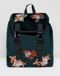Зеленый бархатный рюкзак с цветочной вышивкой на накладках ASOS - Зеленый