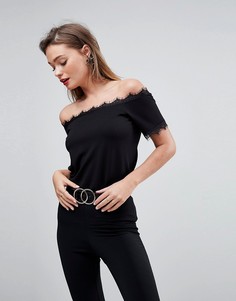 Топ из понте с открытыми плечами и кружевной отделкой ASOS - Черный