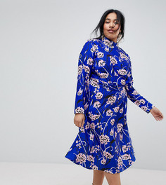 Яркое платье миди с высоким воротником и цветочным принтом ASOS CURVE - Мульти