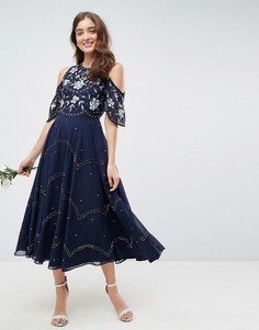 Платье миди с открытыми плечами и отделкой ASOS WEDDING - Темно-синий