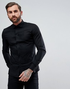 Черная приталенная сатиновая рубашка с плиссированной планкой ASOS - Черный