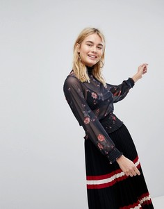 Сетчатая блузка с принтом и присборенной отделкой New Look - Черный
