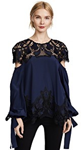 Jonathan Simkhai Crepe Applique Blouson Sleeve Blouse