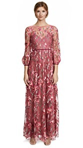 Marchesa Notte Embroidered Gown with Bishop Sleeve