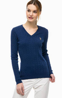 Синий хлопковый джемпер с треугольным вырезом U.S. Polo Assn.