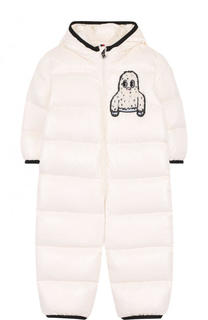 Пуховой комбинезон с капюшоном и аппликацией Moncler Enfant