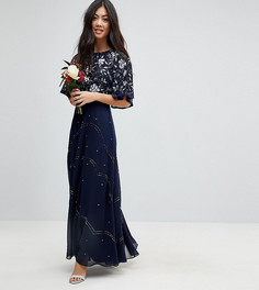 Платье макси с рукавами клеш и цветочной отделкой ASOS PETITE Wedding - Темно-синий