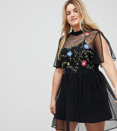 Свободное платье мини с цветочной вышивкой ASOS CURVE - Черный