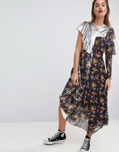 Чайное платье миди с цветочным принтом и пайетками ASOS - Мульти