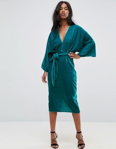 Платье-кимоно миди из бархата с глубоким вырезом и поясом ASOS - Зеленый