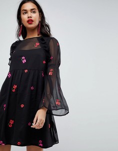 Свободное платье мини с вышивкой ASOS - Черный