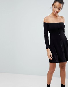 Короткое приталенное платье с открытыми плечами и кнопками ASOS - Черный