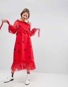 Платье миди с оборками и контрастным принтом звезд Sister Jane - Красный