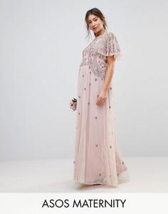 Платье макси с рукавами клеш и отделкой бисером ASOS Maternity WEDDING - Розовый