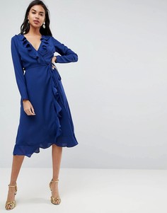 Платье миди с запахом и оборками ASOS - Темно-синий