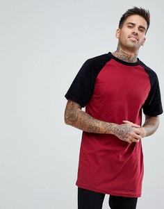 Бордовая удлиненная футболка с велюровыми рукавами boohooMAN - Красный