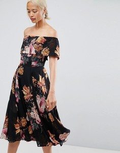 Платье миди с широким вырезом и цветочным принтом ASOS - Мульти