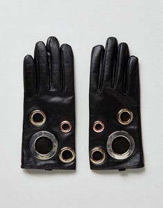 Кожаные перчатки с люверсами ASOS Black Touch Screen - Черный