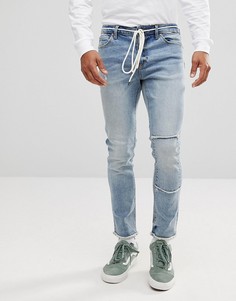 Выбеленные джинсы скинни с заплаткой и поясом-шнурком ASOS - Синий