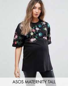 Футболка с цветочной вышивкой ASOS Maternity TALL - Черный