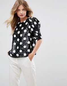 Футболка в горошек с пышными рукавами и пайетками ASOS - Мульти