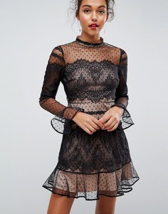 Кружевное платье мини с длинными рукавами ASOS - Черный