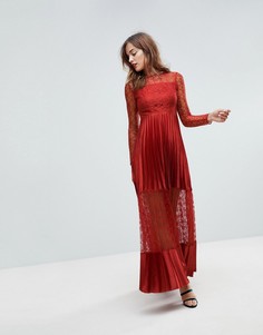 Плиссированное кружевное платье макси с атласными вставками ASOS - Медный
