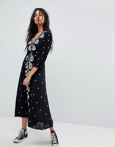 Платье макси с V-образным вырезом и вышивкой Free People - Черный