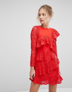 Платье мини с длинными рукавами и оборками Aijek - Красный