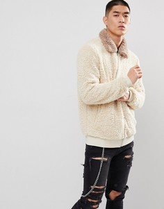 Куртка Харрингтон из искусственной цигейки с контрастным воротником ASOS - Бежевый