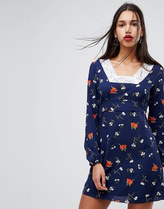 Свободное платье с цветочным принтом в стиле фолк Fashion Union - Темно-синий