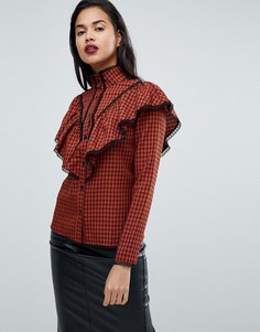 Рубашка в клетку с оборкой Fashion Union - Красный