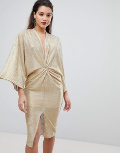 Золотистое платье-кимоно миди с запахом Flounce London - Золотой