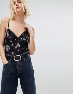 Боди на тонких бретельках с цветочным принтом New Look - Черный