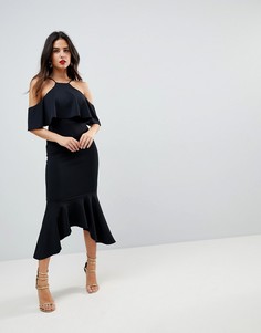 Асимметричное платье миди с оборками и открытыми плечами ASOS - Черный