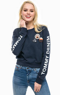 Синий укороченный свитшот с нашивками Hilfiger Denim