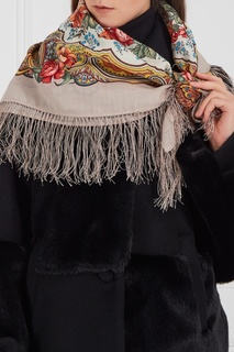 Бежевый платок с розами и лилиями Павловопосадская Платочная Мануфактура