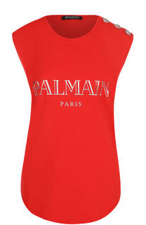 Хлопковый топ с круглым вырезом и логотипом бренда Balmain