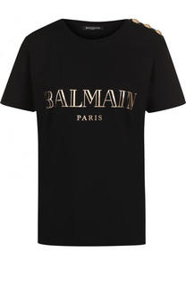 Хлопковая футболка с круглым вырезом и логотипом бренда Balmain