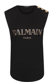 Хлопковый топ с круглым вырезом и логотипом бренда Balmain