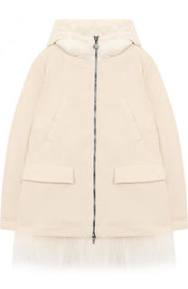 Укороченное пуховое пальто с капюшоном и меховой отделкой Moncler Enfant