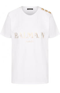 Хлопковая футболка с круглым вырезом и логотипом бренда Balmain
