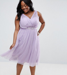 Короткое приталенное платье с юбкой из тюля и цветочной отделкой на талии Little Mistress Plus - Фиолетовый