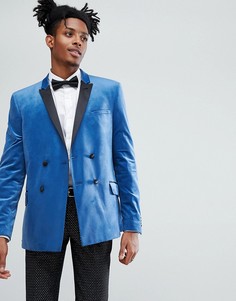 Синий бархатный двубортный блейзер зауженного кроя ASOS - Синий