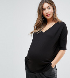 Oversize-футболка в рубчик с V-образным вырезом и асимметричным подолом ASOS MATERNITY - Черный