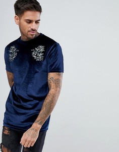 Велюровая футболка с цветочной вышивкой ASOS - Темно-синий