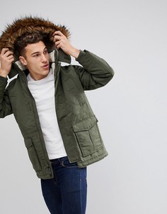 Всепогодная парка оливкового цвета с капюшоном и искусственным мехом Hollister - Зеленый