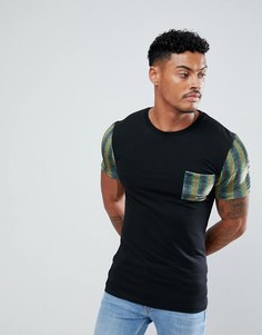 Футболка с ацтекским принтом на бархатных рукавах и кармане ASOS - Черный