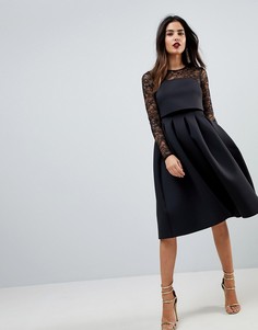 Платье для выпускного с укороченным лифом и кружевными рукавами ASOS - Черный