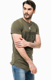 Хлопковая футболка цвета хаки с принтом Jack & Jones